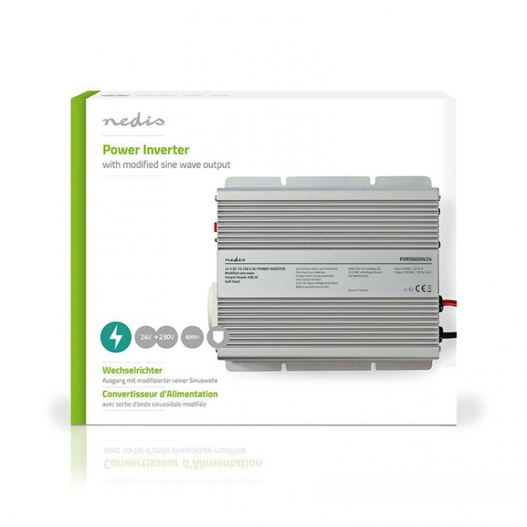 Nedis Inverter Gemodificeerde Sinusgolf | Ingangsvoltage: 24 V DC | Apparaat stroomoutput: Type F (CEE 7/3) | 230 V AC 50 Hz | 600 W | Piekvermogen: 1500 W | Accuklemmen | Zilver