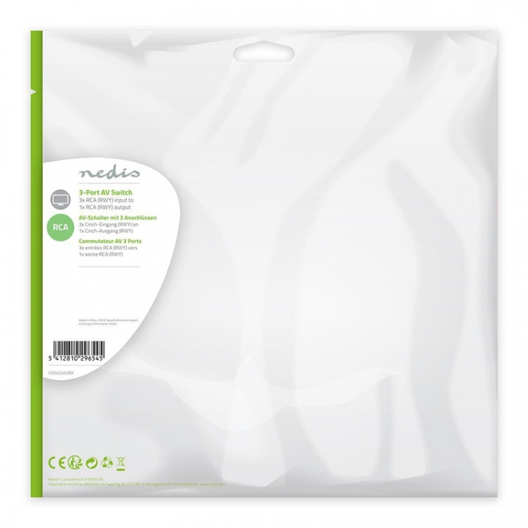 Nedis Composiet Video-Switch | 3 poort(en) | Ingangen audio / video / data: 3x Composite Video (RWY) | Uitgangen audio / video / data: 1x Composite Video (RWY) | 1024x576 | ABS | Zwart