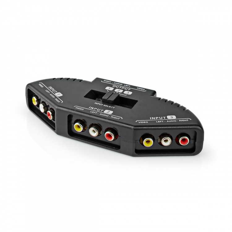 Nedis Composiet Video-Switch | 3 poort(en) | Ingangen audio / video / data: 3x Composite Video (RWY) | Uitgangen audio / video / data: 1x Composite Video (RWY) | 1024x576 | ABS | Zwart