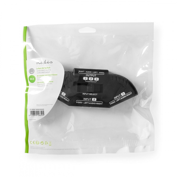 Nedis Composiet Video-Switch | 3 poort(en) | Ingangen audio / video / data: 3x Composite Video (RWY) | Uitgangen audio / video / data: 1x Composite Video (RWY) | 1024x576 | ABS | Zwart