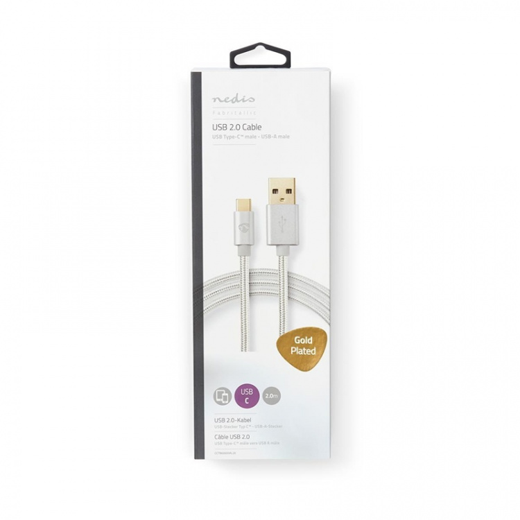 Nedis USB-Kabel | USB 2.0 | USB-A Male | USB-C™ Male | 15 W | 480 Mbps | Verguld | 2.00 m | Rond | Gevlochten / Nylon | Aluminium | Cover Window Box