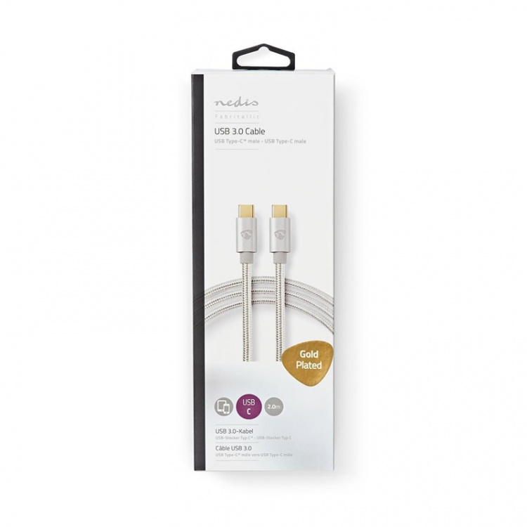 Nedis USB-Kabel | USB 3.2 Gen 1 | USB-C™ Male | USB-C™ Male | 60 W | 4K@60Hz | 5 Gbps | Verguld | 2.00 m | Rond | Gevlochten / Nylon | Aluminium | Cover Window Box