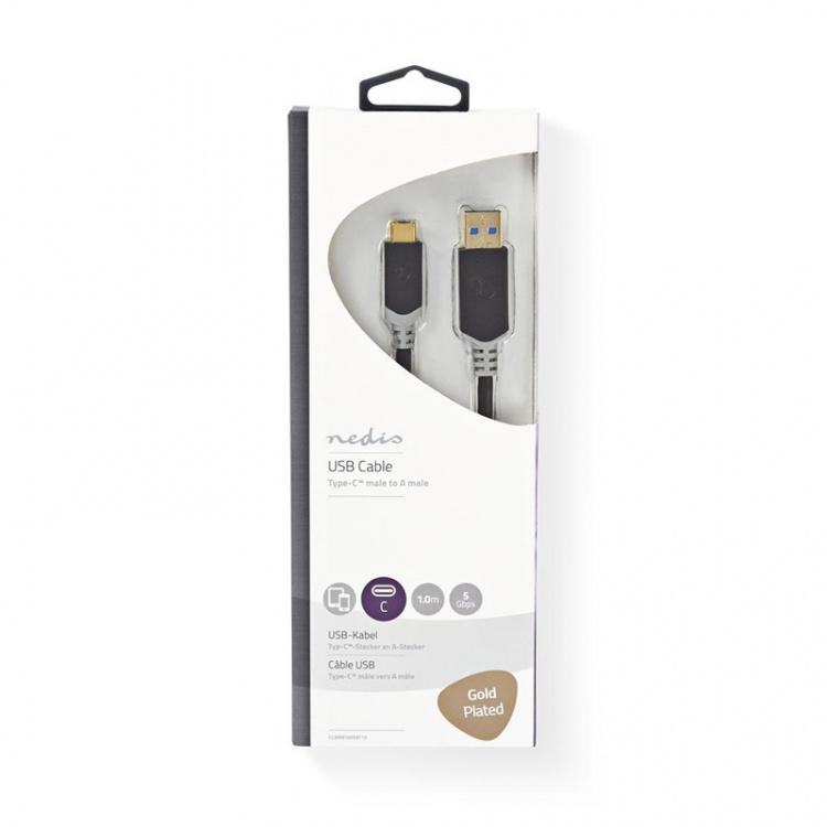 Nedis USB-Kabel | USB 3.2 Gen 1 | USB-A Male | USB-C™ Male | 60 W | 5 Gbps | Verguld | 1.00 m | Rond | PVC | Antraciet | Window Box