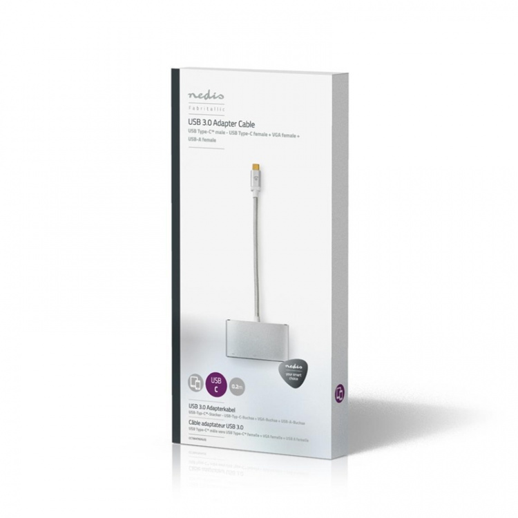 Nedis USB Multi-Port Adapter | 3-in-1 | USB 3.2 Gen 1 | USB-C™ Male | USB-A Female / USB-C™ Female / VGA Female 15p | 5 Gbps | 0.20 m | Rond | Verguld | Gevlochten / Nylon | Zilver | Cover Window Box