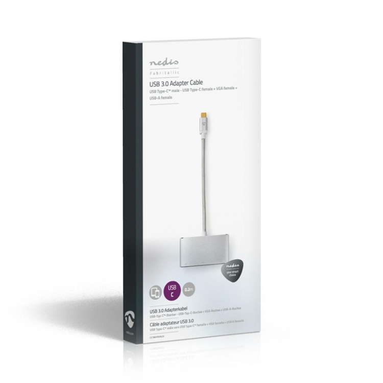 Nedis USB Multi-Port Adapter | 3-in-1 | USB 3.2 Gen 1 | USB-C™ Male | USB-A Female / USB-C™ Female / VGA Female 15p | 5 Gbps | 0.20 m | Rond | Verguld | Gevlochten / Nylon | Zilver | Cover Window Box