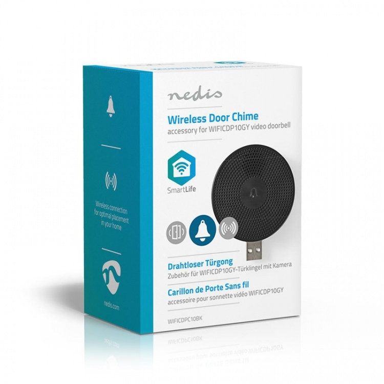 Nedis SmartLife Gong | RF, frequentie 433 MHz | Accessoire voor: WIFICDP10GY / WIFICDP30WT / WIFICDP40CWT | USB Gevoed | 4 geluiden | 5 V DC | Instelbaar volume | Zwart