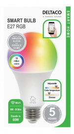 DELTACO SMART HOME RGB LED lamp, E27, WiFI, 9W, 16miljoen kleuren, wit