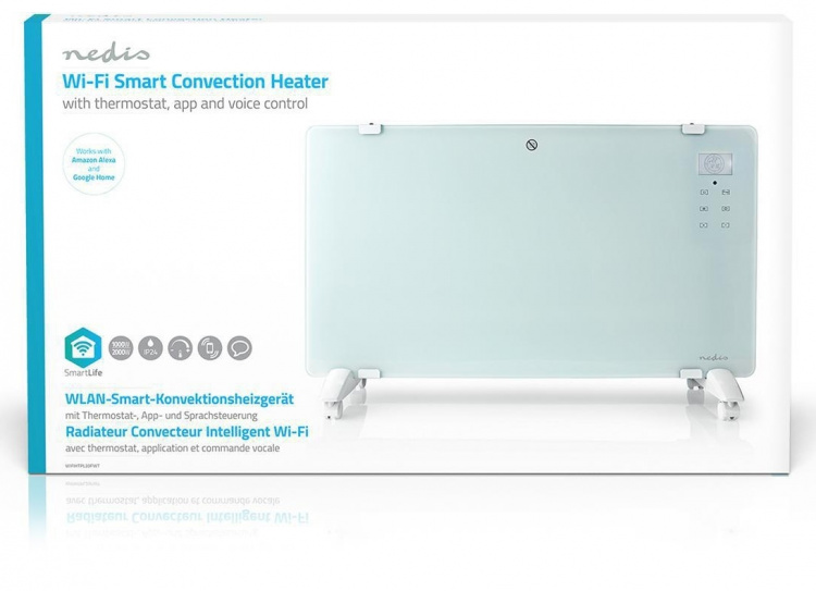 Nedis SmartLife Convectorkachel | Geschikt voor badkamer | Glazen Paneel | 2000 W | 2 Warmte Standen | LED | 15 - 35 °C | Instelbare thermostaat | Wit