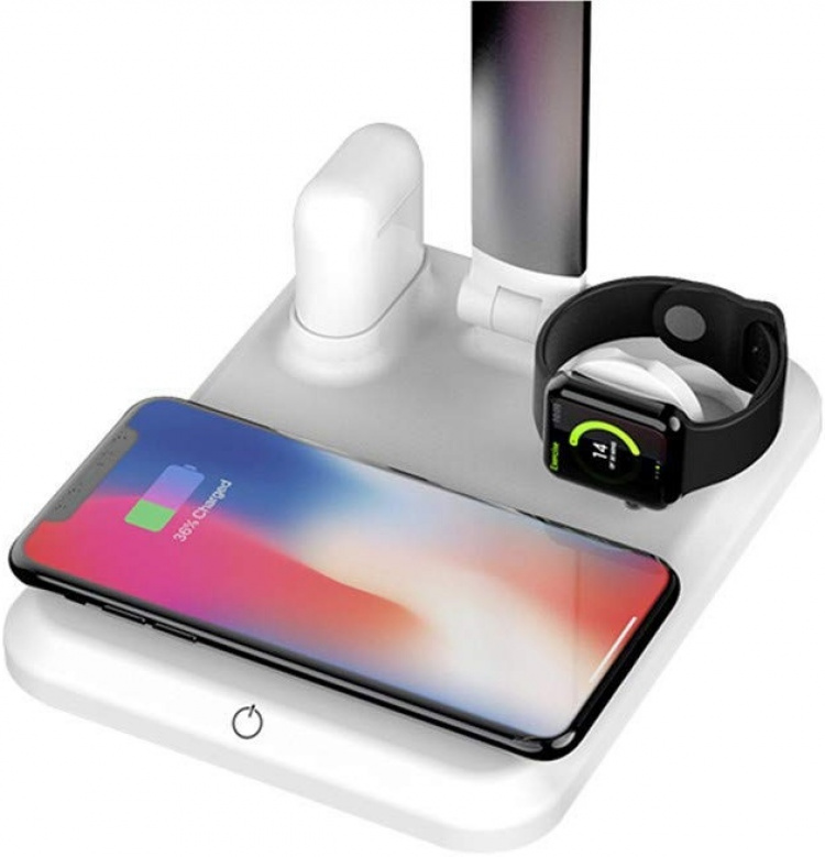 Tafellamp met Qi draadloos opladen, 4-in-1, Wit Tafellamp met Qi draadloos opladen, 4-in-1, Wit