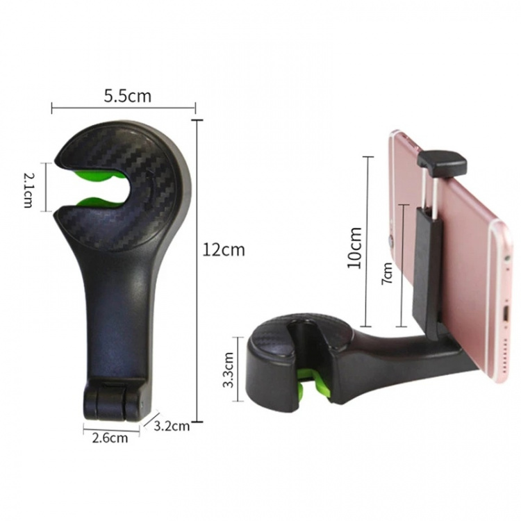 2 in 1 hoofdsteunhouder voor mobiel en haak, Zwart