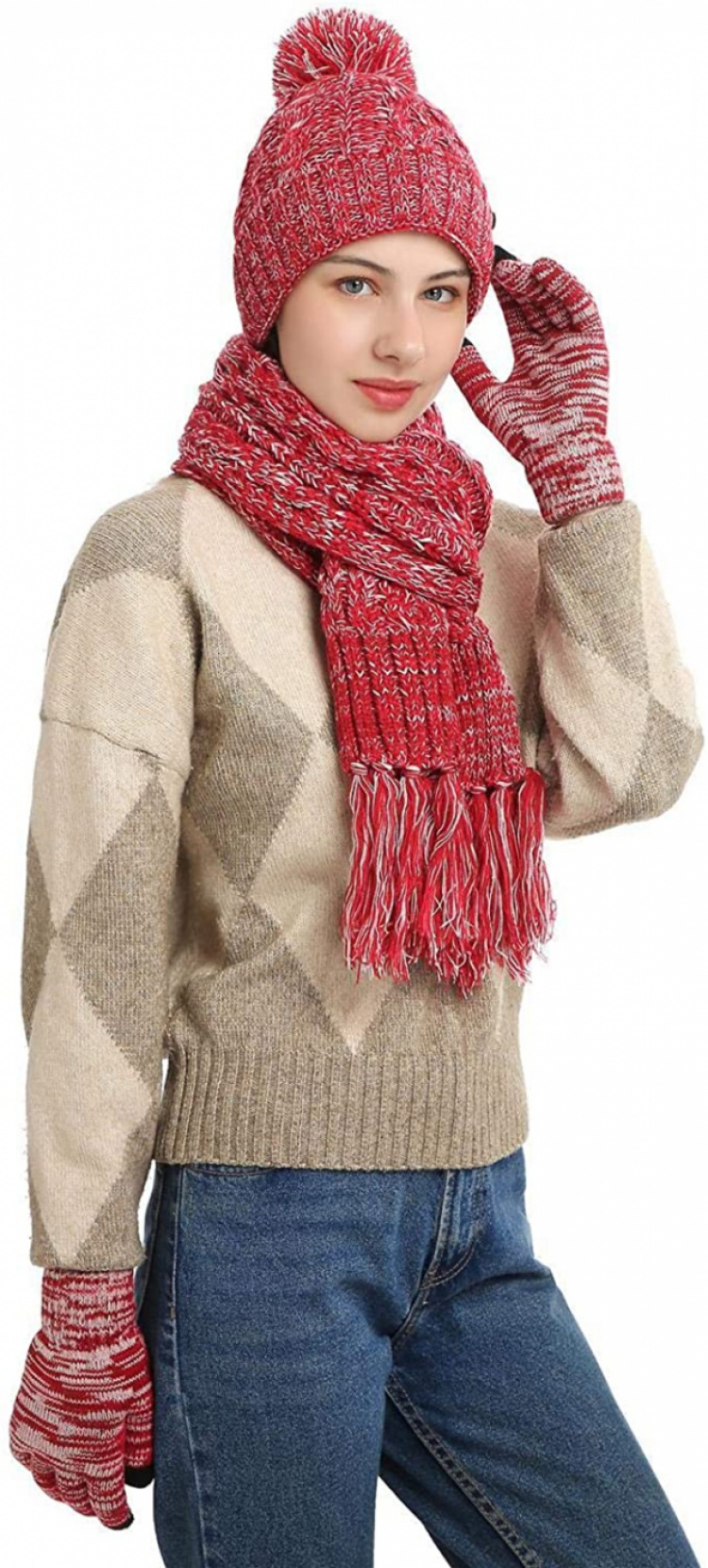 Gebreide set met muts, sjaal en touchscreen handschoenen, Rood