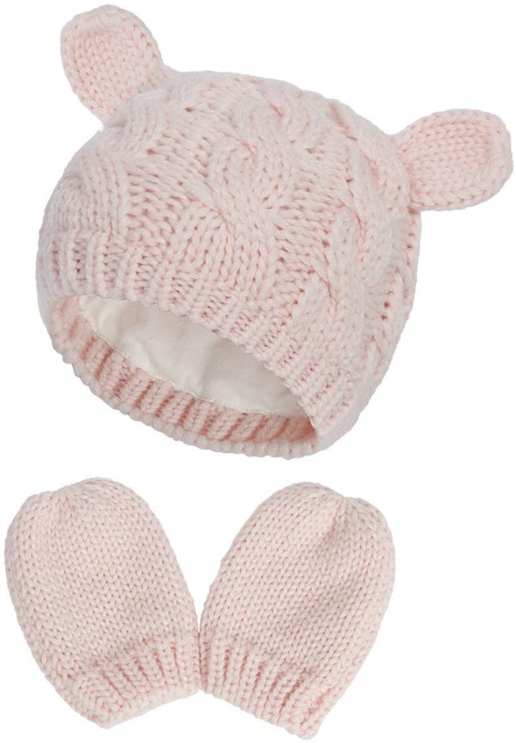 2 x Schattige gebreide set met muts en wanten voor baby, Medium, Roze
