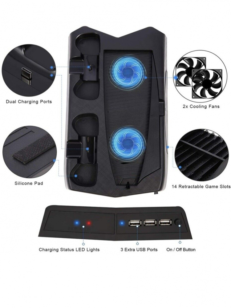 Oplaadstandaard met koelventilatoren en opslagruimte voor games voor PS5 Oplaadstandaard met koelventilatoren en opslagruimte voor games voor PS5