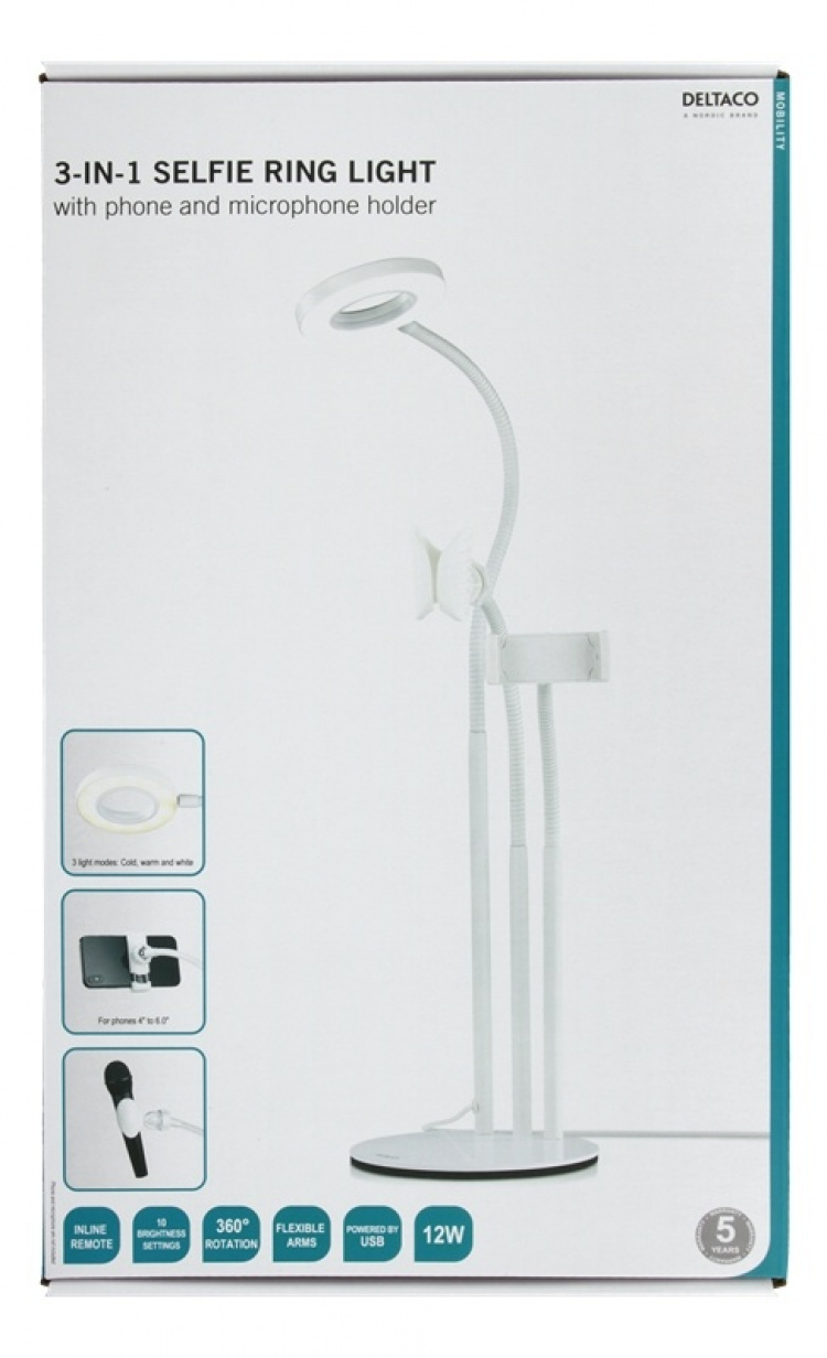 DELTACO 3-IN-1 Selfie Ring Lamp With Phone and Microphone holder, whit