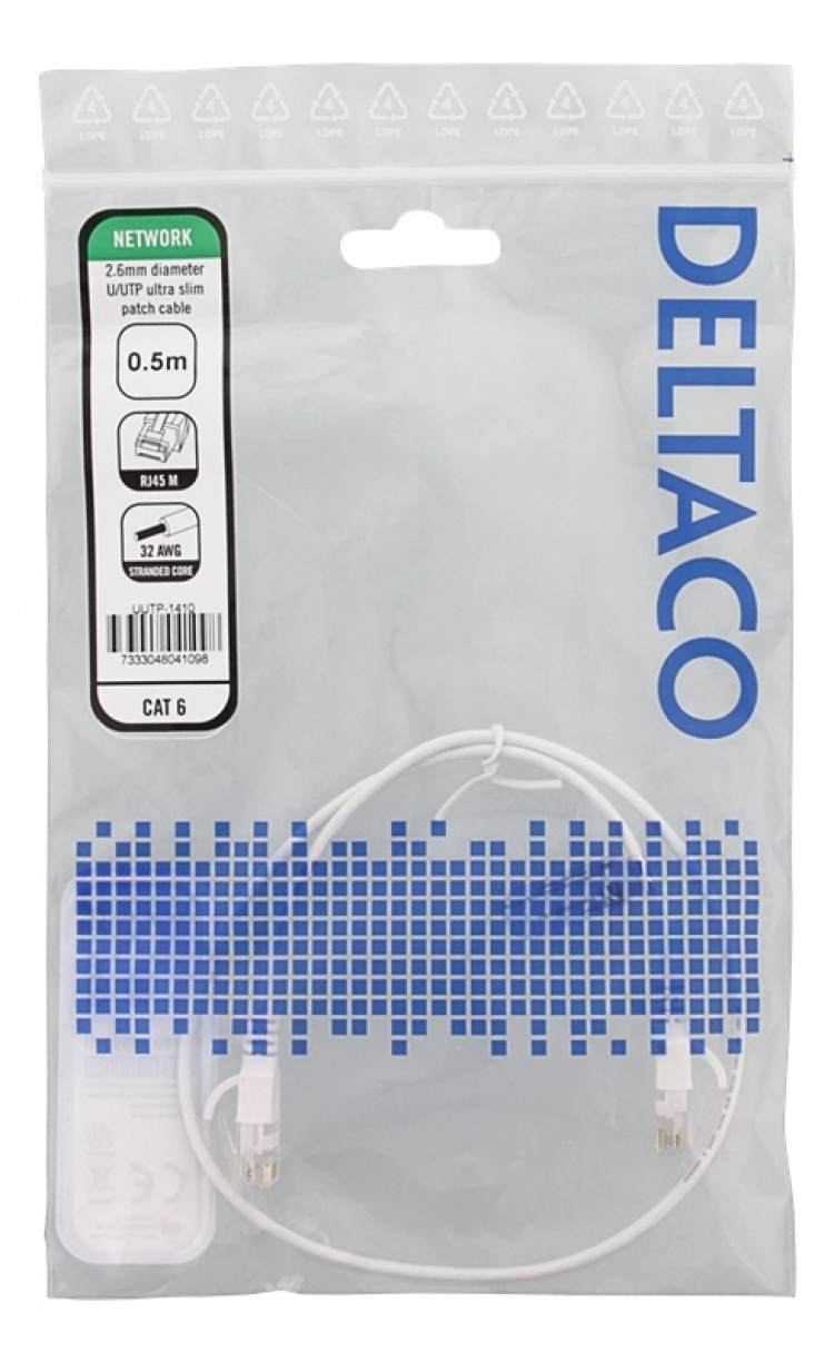 DELTACO Ultra Slim U/UTP Cat.6 patch cable, OD:2.6mm, 0.5m, white