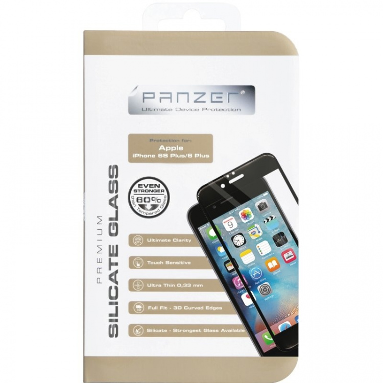 Panzer iPhone 6S/6 Plus, gebogen silicaatglas, zwart Panzer iPhone 6S/6 Plus, gebogen silicaatglas, zwart