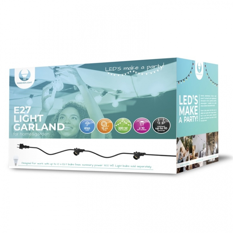 Forever Light Lichtsnoer met ruimte voor 10 lampen, 12m E27 IP65 Forever Light Lichtsnoer met ruimte voor 10 lampen, 12m E27 IP65