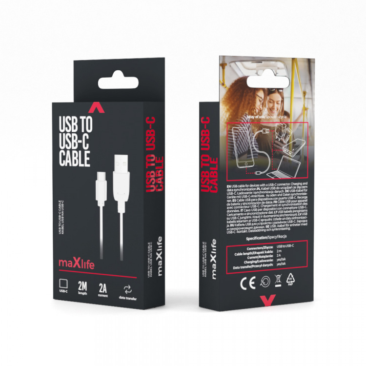 Maxlife kabel USB - USB-C 2,0 m 2A, Wit