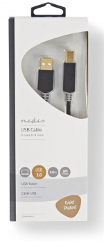 Nedis USB-Kabel | USB 2.0 | USB-A Male | USB-B Male | 480 Mbps | Verguld | 2.00 m | Rond | PVC | Antraciet | Doos Nedis USB-Kabel | USB 2.0 | USB-A Male | USB-B Male | 480 Mbps | Verguld | 2.00 m | Rond | PVC | Antraciet | Doos