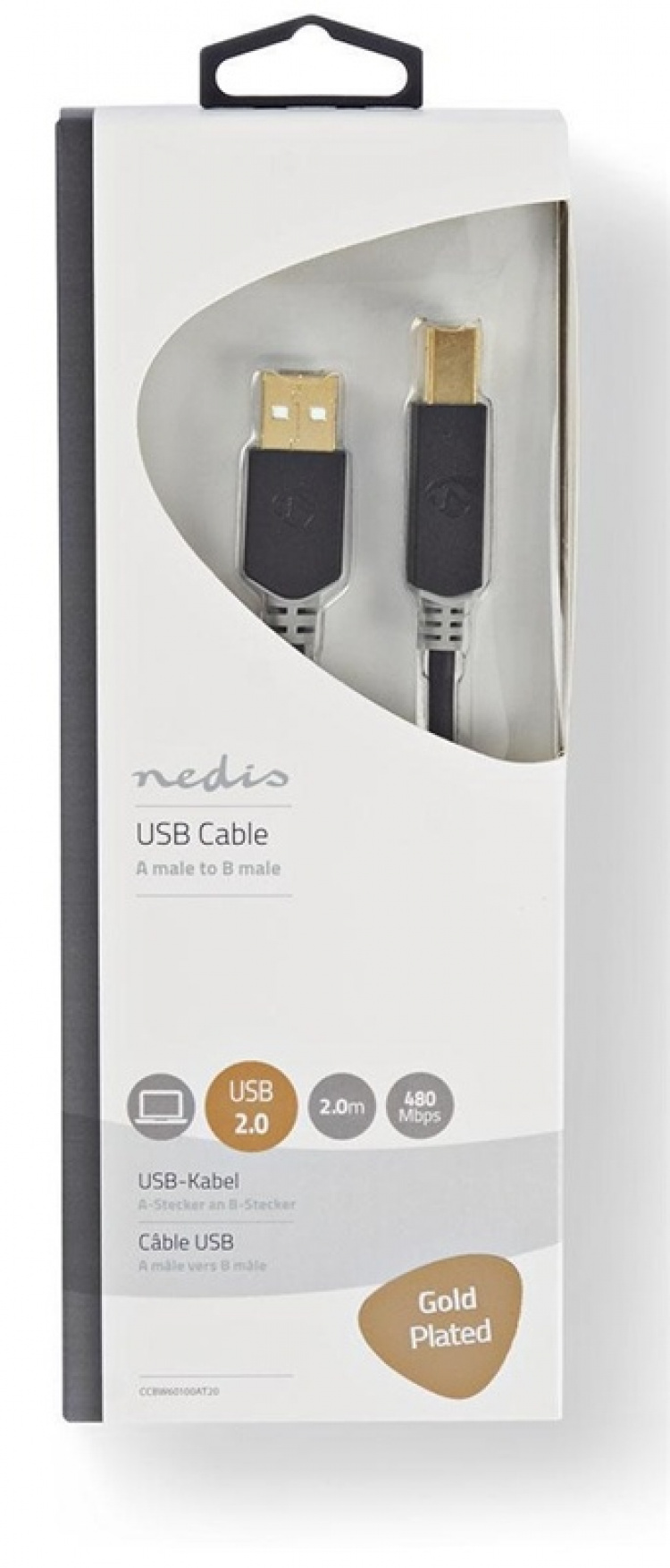Nedis USB-Kabel | USB 2.0 | USB-A Male | USB-B Male | 480 Mbps | Verguld | 2.00 m | Rond | PVC | Antraciet | Doos Nedis USB-Kabel | USB 2.0 | USB-A Male | USB-B Male | 480 Mbps | Verguld | 2.00 m | Rond | PVC | Antraciet | Doos