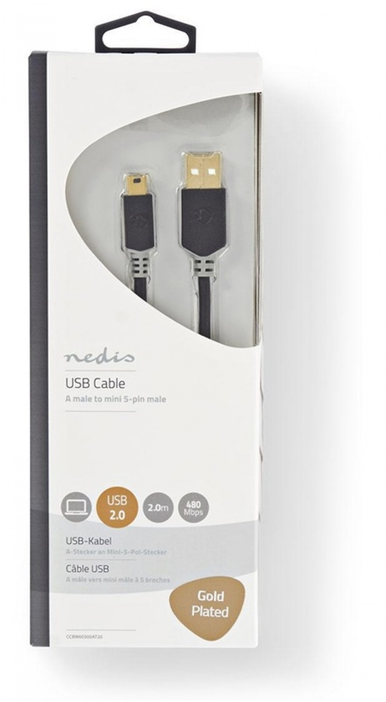 Nedis USB-Kabel | USB 2.0 | USB-A Male | USB Mini-B 5-Pins Male | 480 Mbps | Verguld | 2.00 m | Rond | PVC | Antraciet | Window Box Nedis USB-Kabel | USB 2.0 | USB-A Male | USB Mini-B 5-Pins Male | 480 Mbps | Verguld | 2.00 m | Rond | PVC | Antraciet | Window Box