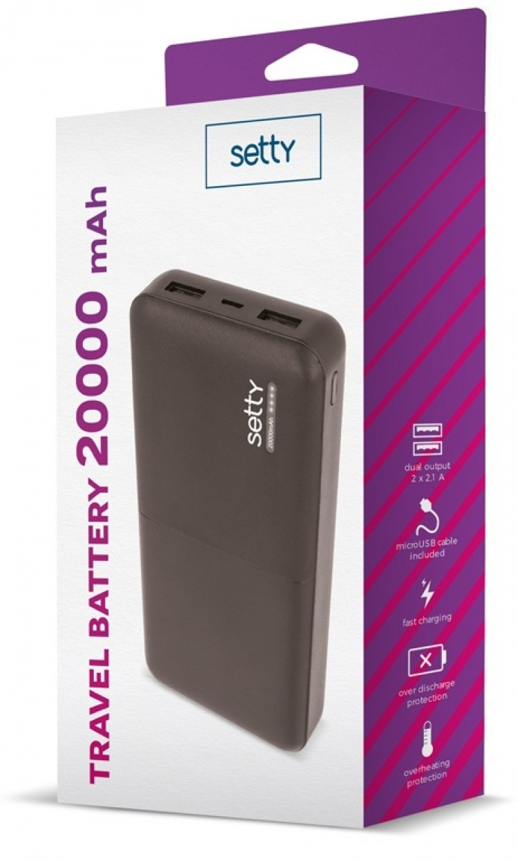 Setty powerbank met 20.000mAh & dubbele USB-poorten, zwart