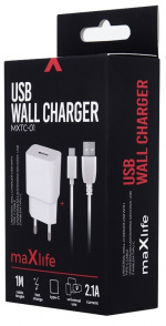 Maxlife USB snellader + USB-C kabel, wit (2.1A)