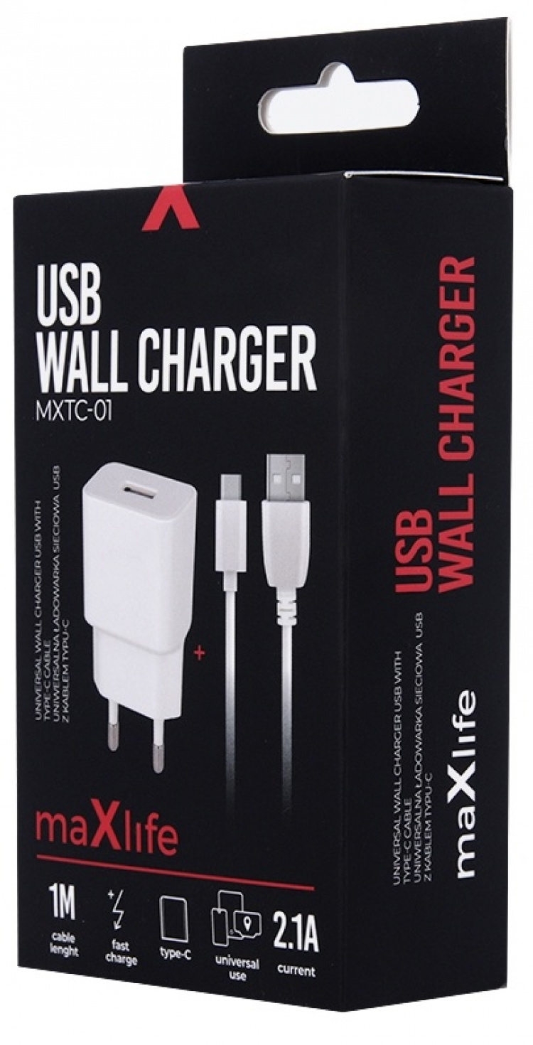 Maxlife USB snellader + USB-C kabel, wit (2.1A)