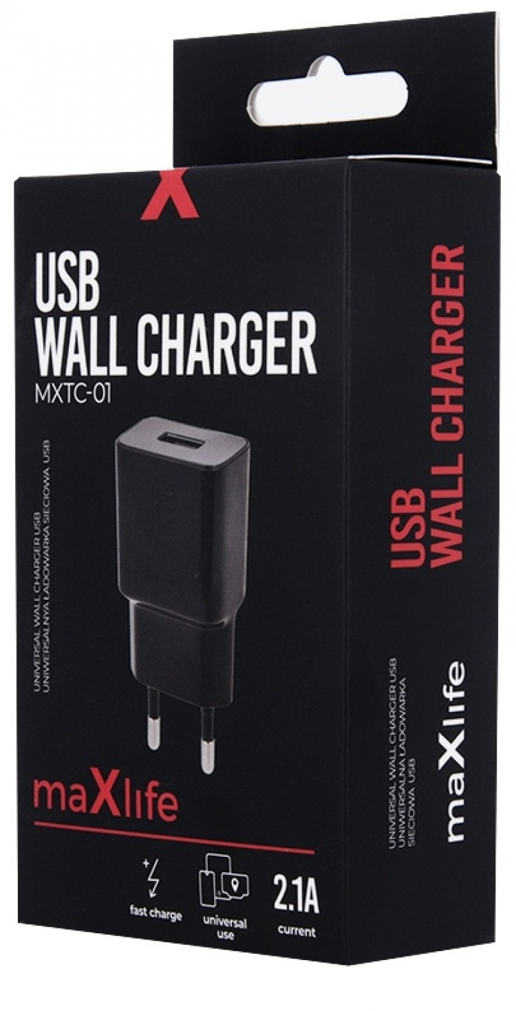 Maxlife USB Snellader MXTC-01, met Fast Charge, 2.1A, zwart