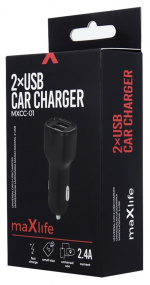 Maxlife Autolader MXCC-01 2xUSB Snelladen (2,4A), Zwart