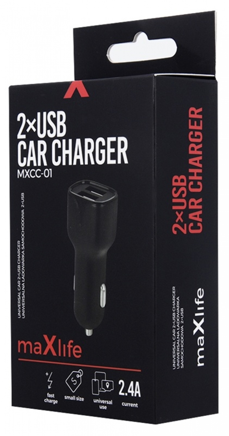 Maxlife Autolader MXCC-01 2xUSB Snelladen (2,4A), Zwart
