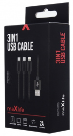 3in1 USB Snellaadkabel - microUSB/USB-C/Lightning (2,1A), Zwart 3in1 USB Snellaadkabel - microUSB/USB-C/Lightning (2,1A), Zwart