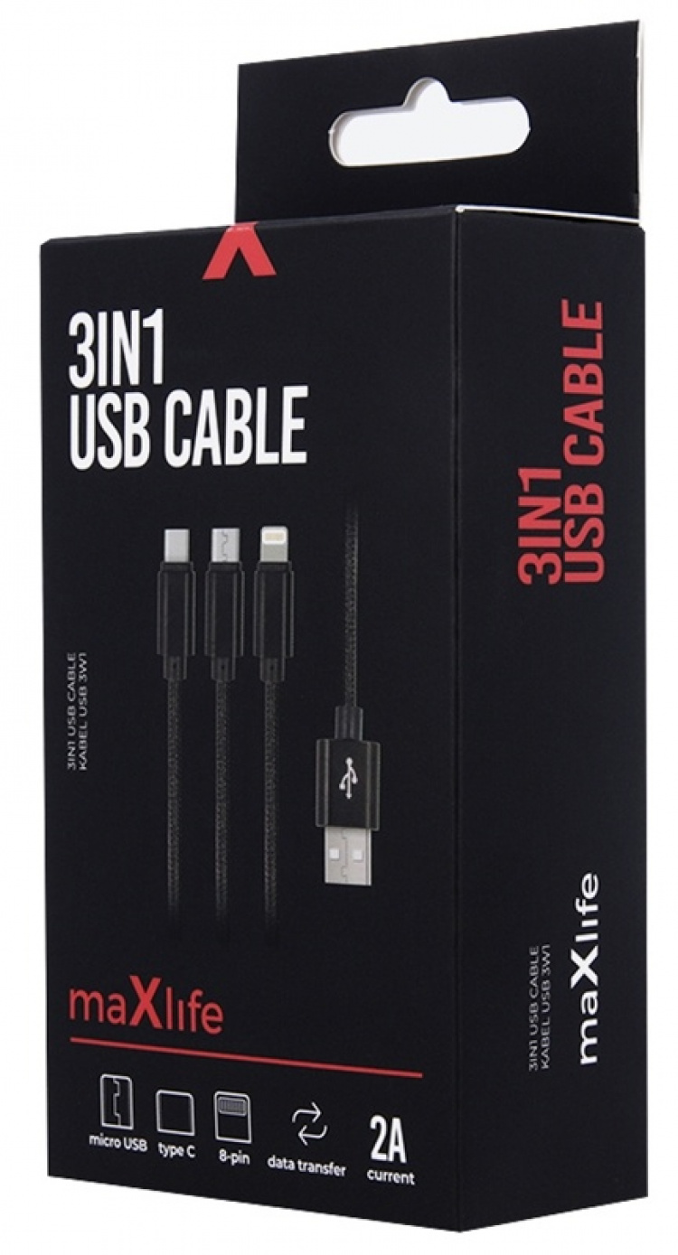 3in1 USB Snellaadkabel - microUSB/USB-C/Lightning (2,1A), Zwart 3in1 USB Snellaadkabel - microUSB/USB-C/Lightning (2,1A), Zwart