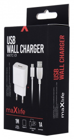 Maxlife väggladdare med USB-utgång, inklusive USB-C kabel, 1A, vit
