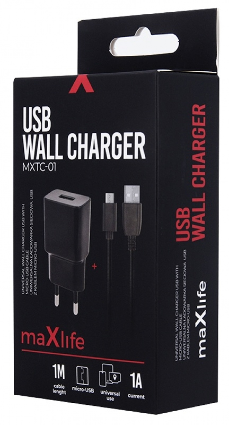 Maxlife Wandoplader MXTC-01 USB (1A) + microUSB-kabel, Zwart