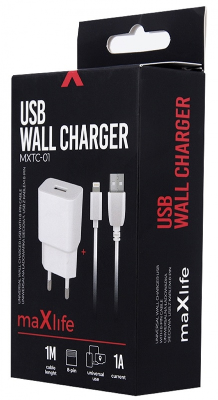 Maxlife Wandoplader MXTC-01 USB (1A) + Lightning-kabel, wit