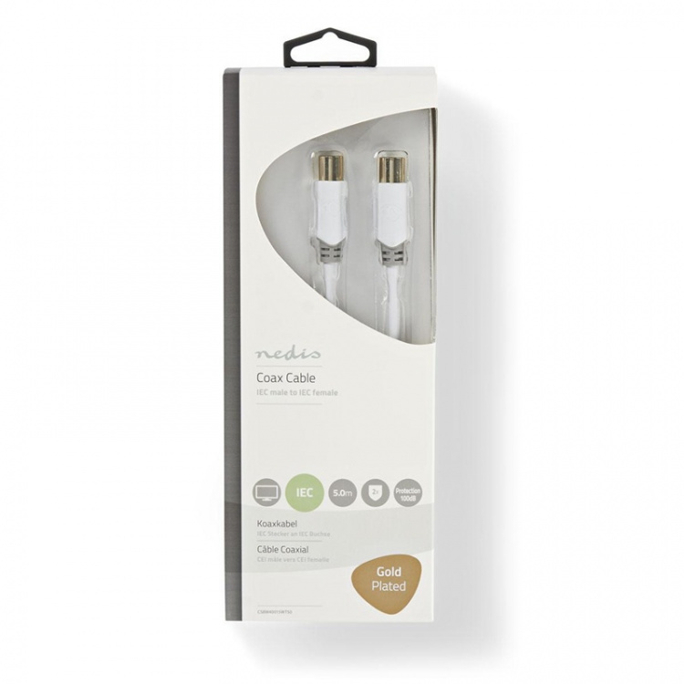 Nedis Coaxkabel | IEC (Coax) Male | IEC (Coax) Female | Verguld | 100 dB | 75 Ohm | Dubbel Afgeschermd | 5.00 m | Rond | PVC | Wit | Doos Nedis Coaxkabel | IEC (Coax) Male | IEC (Coax) Female | Verguld | 100 dB | 75 Ohm | Dubbel Afgeschermd | 5.00 m | Rond | PVC | Wit | Doos