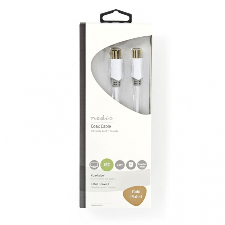 Nedis Coaxkabel | IEC (Coax) Male | IEC (Coax) Female | Verguld | 100 dB | 75 Ohm | Dubbel Afgeschermd | 2.00 m | Rond | PVC | Wit | Doos Nedis Coaxkabel | IEC (Coax) Male | IEC (Coax) Female | Verguld | 100 dB | 75 Ohm | Dubbel Afgeschermd | 2.00 m | Rond | PVC | Wit | Doos