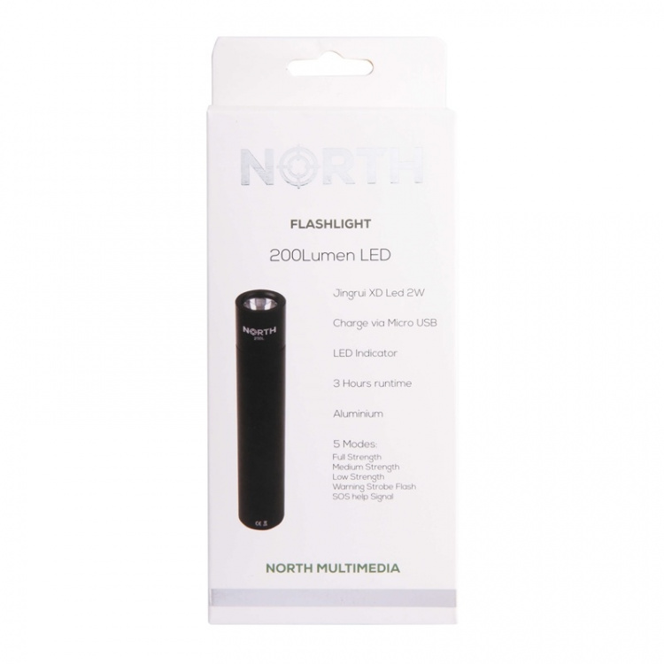 NORTH Flashlight 200 Lumen Black Aluminium 2W 3450Mah