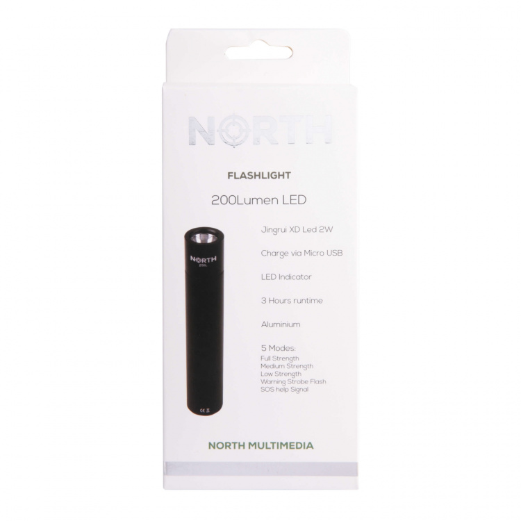 NORTH Flashlight 200 Lumen Black Aluminium 2W 3450Mah
