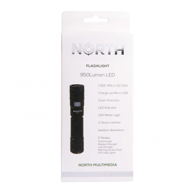 NORTH Flashlight 950 Lumen Zoom Black Aviation Aluminium 10W Cree-Led (XML2)