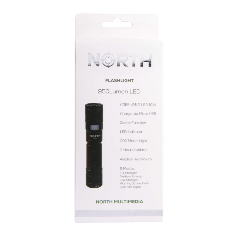 NORTH Flashlight 950 Lumen Zoom Black Aviation Aluminium 10W Cree-Led (XML2)