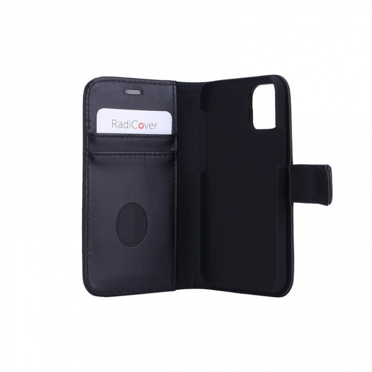 RADICOVER Radiation protected Mobilewallet Leather iPhone 12 Mini 2in1 Magnetcover Black 3-Led RFID