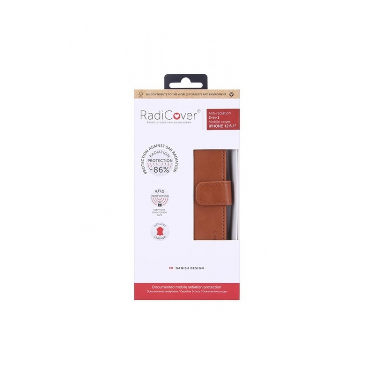 RADICOVER Radiation protected Mobilewallet Leather iPhone 12/12 Pro 2in1 Magnet Brown 3-Led RFID