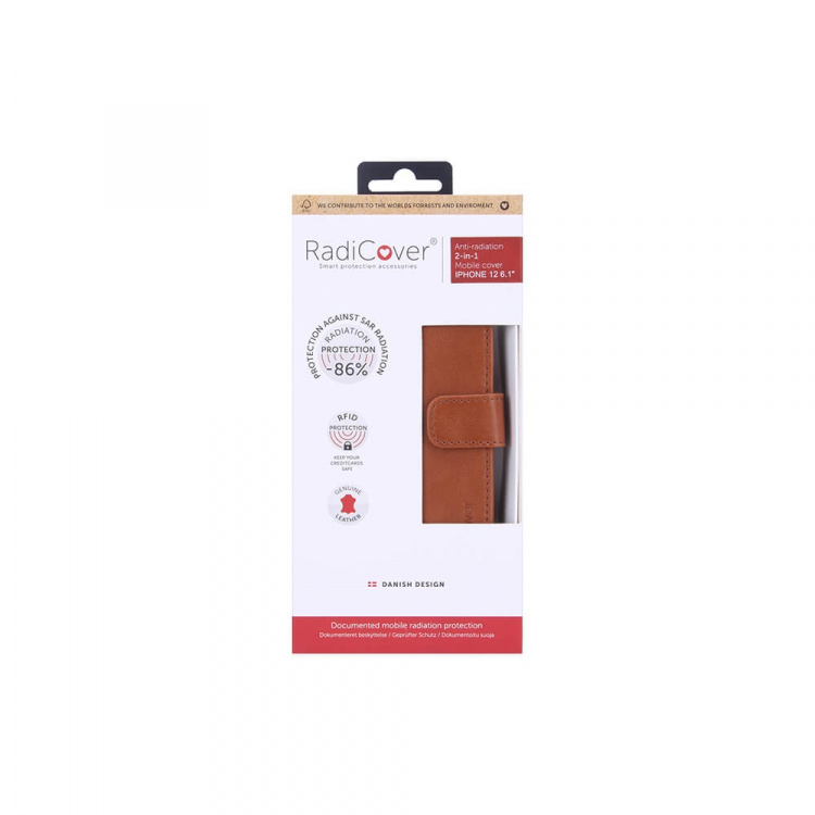 RADICOVER Radiation protected Mobilewallet Leather iPhone 12/12 Pro 2in1 Magnet Brown 3-Led RFID