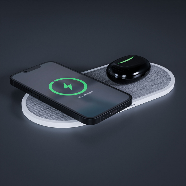 GEAR Wireless Dual QI Charger USB-C Port 2x10W White with Grey Textile