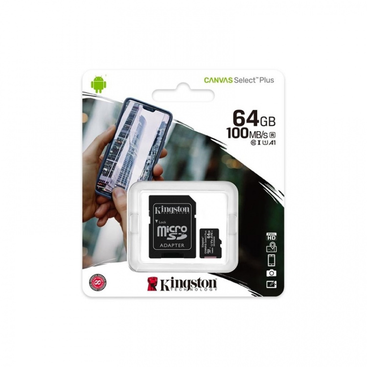 Kingston Canvas Select Plus - microSDXC 64GB, klasse 10, UHS-I, 100MB/s + adapter