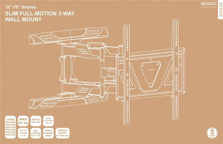 DELTACO Office, slim full-motion 3-way wall, 37