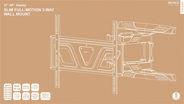 DELTACO Office, slim full-motion 3-way wall, 37 DELTACO Office, slim full-motion 3-way wall, 37