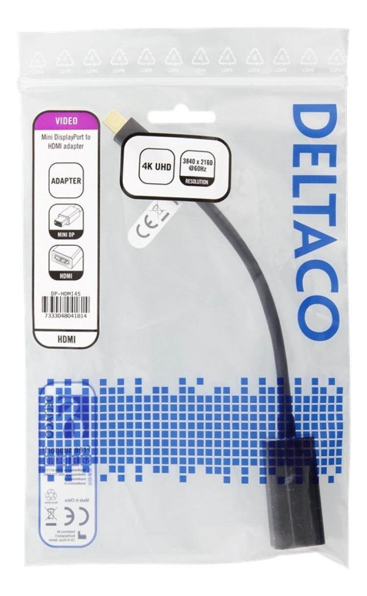 DELTACO Mini DisplayPort till HDMI adapter, 4K 60Hz, 0,2m, Svart DELTACO Mini DisplayPort till HDMI adapter, 4K 60Hz, 0,2m, Svart